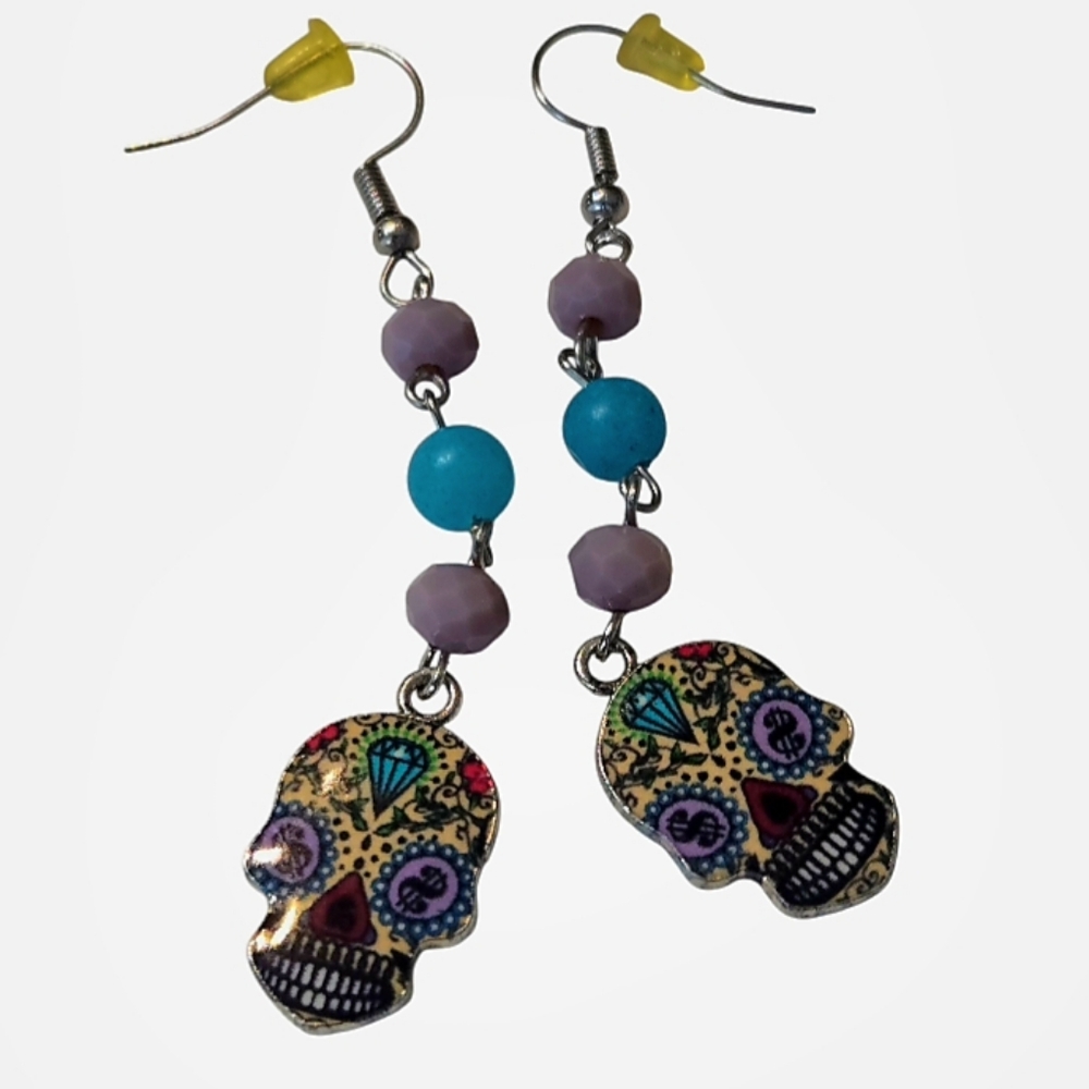 Sugar Skull Earrings W/Lavender Glass Rondelle & Frosted Blue Agate Beads NWOT